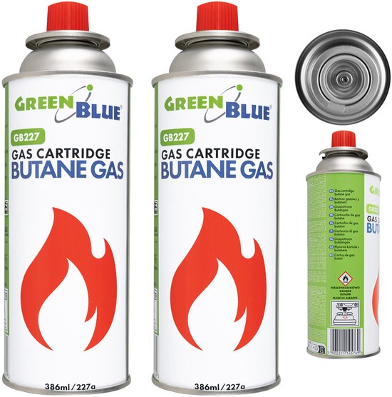 GreenBlue - Gasflessen 2 stuks - Gaspatroon van 227 g. Certificaat: Pi 0875, voldoet aan de norm EN417, butaan, gebruiksbereik -10 °C tot +40 °C, GB227