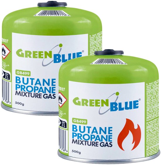 GreenBlue - Gasflessen 2 stuks - Gaspatroon van 500 g. Certificaat: Pi 0437, conform EN 417, butaan-propaan, temperatuurbereik -10 °C tot +40 °C, schroefdraadventiel 7/16'' GB499 van Merkloos