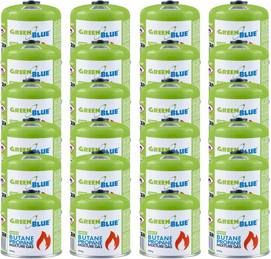 GreenBlue - Gasflessen 24 stuks - Gaspatroon van 500 g. Certificaat: Pi 0437, conform EN 417, butaan-propaan, temperatuurbereik -10 °C tot +40 °C, schroefdraadventiel 7/16'' GB499 van Merkloos