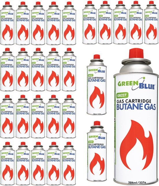 GreenBlue - Gasflessen 28 stuks - Gaspatroon van 227 g. Certificaat: Pi 0875, voldoet aan de norm EN417, butaan, gebruiksbereik -10 °C tot +40 °C, GB227