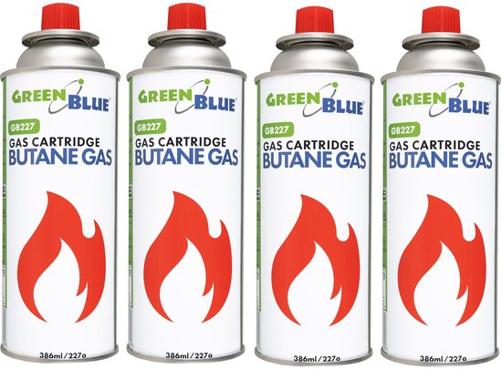 GreenBlue - Gasflessen 4 stuks - Gaspatroon van 227 g. Certificaat: Pi 0875, voldoet aan de norm EN417, butaan, gebruiksbereik -10 °C tot +40 °C, GB227 van Merkloos