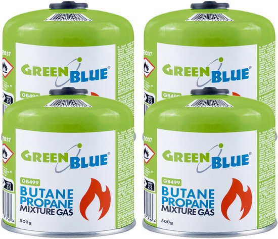 GreenBlue - Gasflessen 4 stuks - Gaspatroon van 500 g. Certificaat: Pi 0437, conform EN 417, butaan-propaan, temperatuurbereik -10 °C tot +40 °C, schroefdraadventiel 7/16'' GB499 van Merkloos