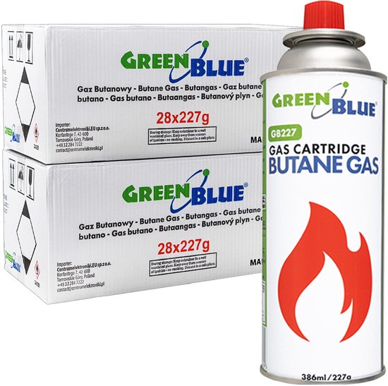 GreenBlue - Gasflessen 56 stuks - Gaspatroon van 227 g. Certificaat: Pi 0875, voldoet aan de norm EN417, butaan, gebruiksbereik -10 °C tot +40 °C, GB227