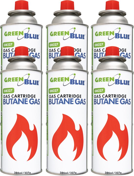 GreenBlue - Gasflessen 6 stuks - Gaspatroon van 227 g. Certificaat: Pi 0875, voldoet aan de norm EN417, butaan, gebruiksbereik -10 °C tot +40 °C, GB227