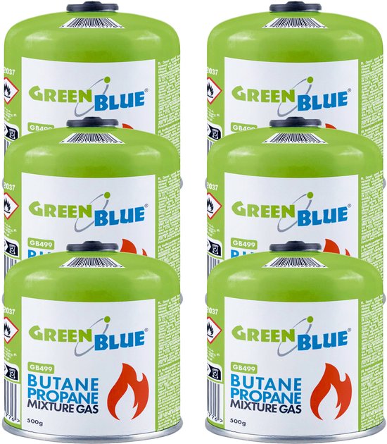 GreenBlue - Gasflessen 6 stuks - Gaspatroon van 500 g. Certificaat: Pi 0437, conform EN 417, butaan-propaan, temperatuurbereik -10 °C tot +40 °C, schroefdraadventiel 7/16'' GB499 van Merkloos