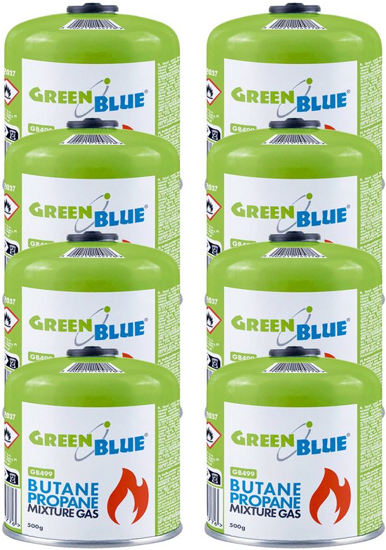 GreenBlue - Gasflessen 8 stuks - Gaspatroon van 500 g. Certificaat: Pi 0437, conform EN 417, butaan-propaan, temperatuurbereik -10 °C tot +40 °C, schroefdraadventiel 7/16'' GB499 van Merkloos