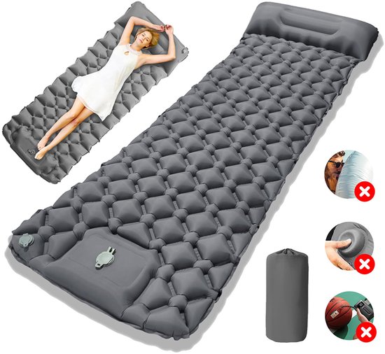 Grijze LT04-slaapmat voor buiten — Opblaasbaar - met ingebouwde voetpomp - eenpersoonsformaat, ruitpatroon, geïntegreerd kussen — Afmetingen: 190 x 60 x 5 cm — Inclusief opberghoes — Ultralichte, draagbare en vochtbestendige kampeermat