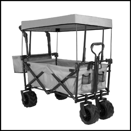 Grijze opvouwbare bolderkar – tuinwagen – grote draagkracht – afneembare overkapping – all-terrain wielen – verstelbare duw- en trekstang – opvouwbaar van LifeGoods