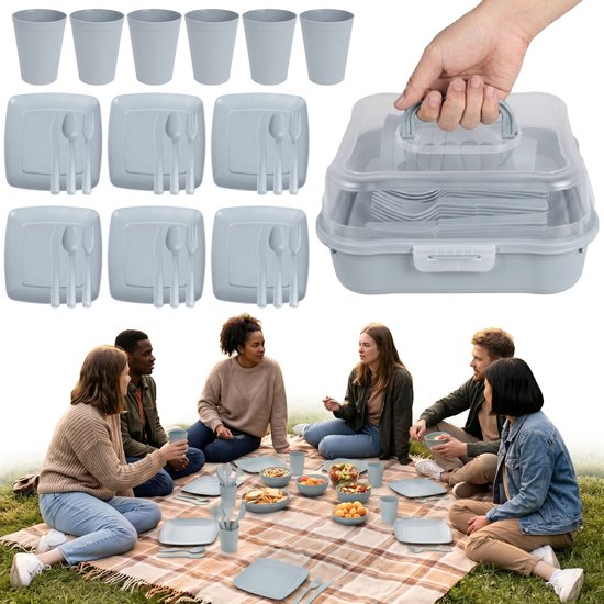 Grijze picknickset, set reis serviesgoed in een opbergbak - 32-delig