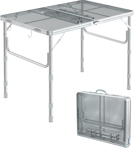 Grilltafel, outdoor, inklapbaar, 90 x 60 cm, campingtafel, inklapbaar, in 3 hoogtes verstelbaar, tuintafel, campingtafel, licht en draagbaar, kleine barbecuetafel voor picknick en camping van $