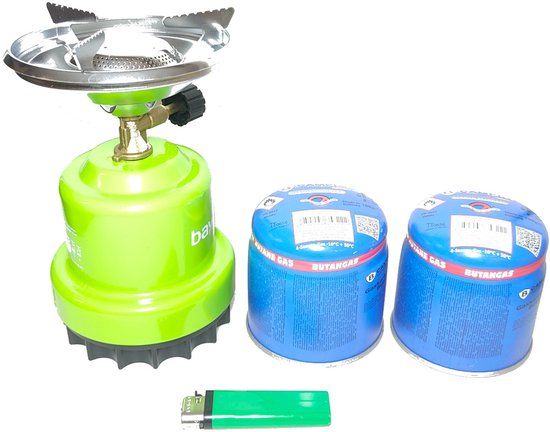 Groene Camping kookstel gasbrander incl 2 gas navullingen 190gr & aansteker van Bo-Camp