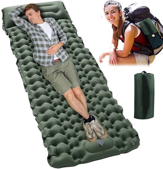 Groene Camping Slaapmat, Uitgevouwen: 200 X 70 X 10 Cm, In de Tas: 28 X 12 X 12 Cm, Wordt geleverd met een Opbergtas en een Voetpomp; Speciaal Ontworpen voor Buitengebruik