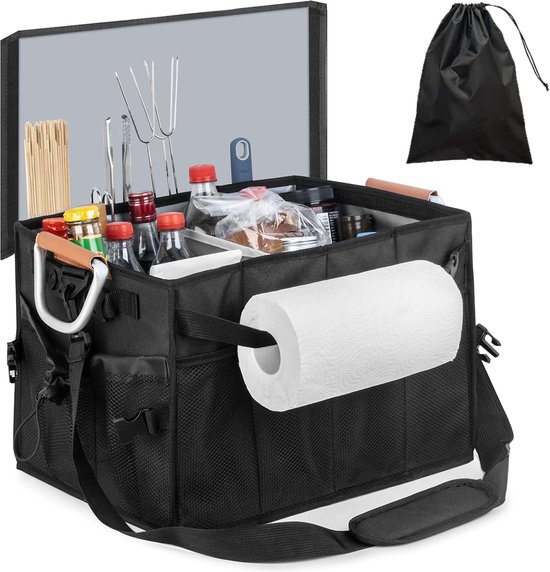 Grote BBQ-caddy met papieren handdoekhouder, opvouwbare BBQ-picknickcaddy, campingset voor kamperen, BBQ, buitenfeesten, camper van Romanticist.
