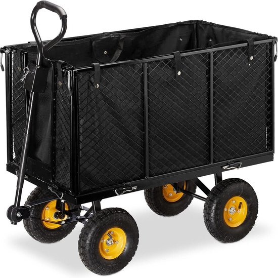 Grote bolderwagen voor in de tuin - inklapbare zijwanden - uitneembaar zeil - handgrepen - 500 kg - zwart van AREBOS