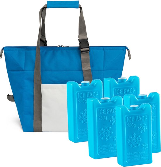 Grote isolatie koeltas blauw 38 x 33 x 18 cm met 5x stuks blauwe koelelementen van 250 ML van Cool4All