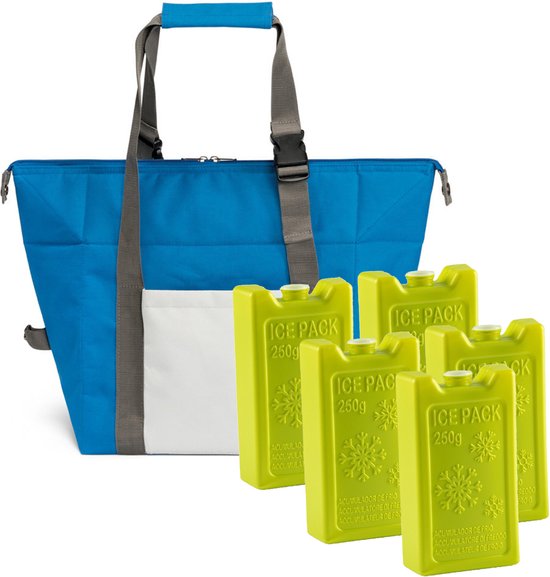Grote isolatie koeltas blauw 38 x 33 x 18 cm met 5x stuks groene koelelementen van 250 ML van Merkloos