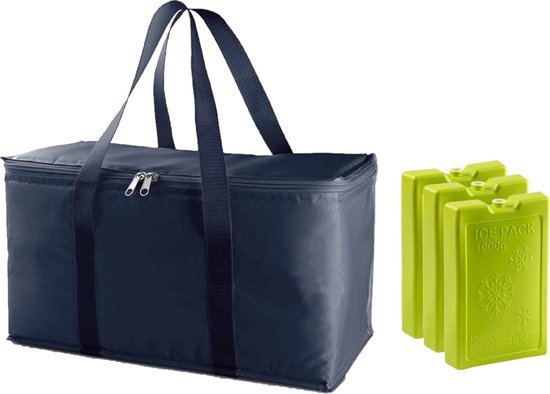 Grote isolatie koeltas blauw 39 x 22 x 19 cm met 3x stuks groene koelelementen van 1000 gram van Coolio