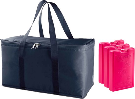 Grote isolatie koeltas blauw 39 x 22 x 19 cm met 3x stuks roze koelelementen van 1000 gram van Venus Fitness Team.