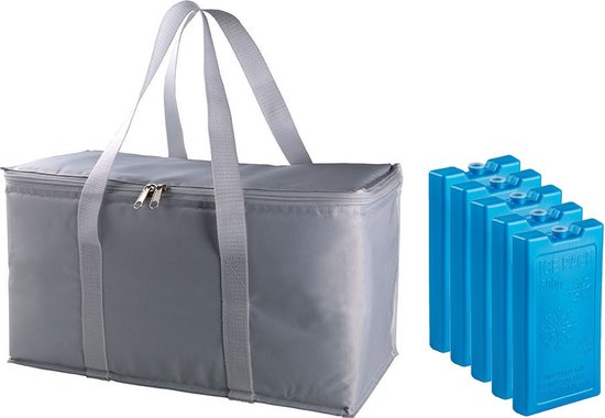 Grote isolatie koeltas zilver/grijs 39 x 22 x 19 cm met 5x stuks blauwe koelelementen van SportX