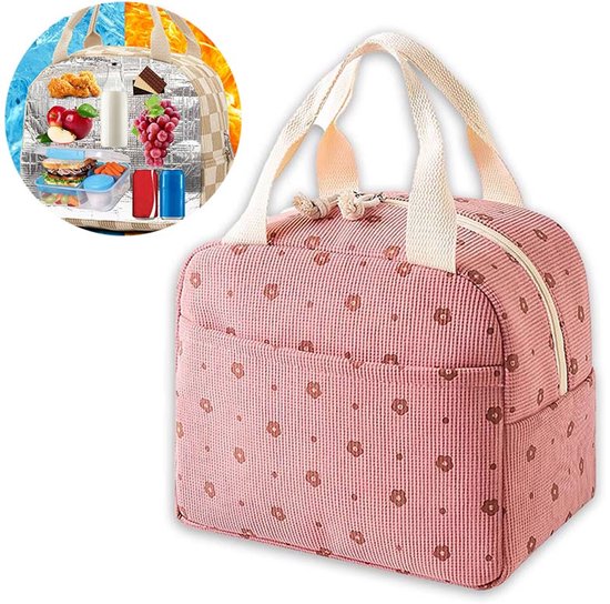 Grote Isolerende Lunchtas 26x18x21 cm - Schattige Ribfluwelen Schoudertas - Herbruikbare Uniseks Lunchtas voor Werk, Picknick en Reizen (Roze Bloemen Patroon) van Merkloos