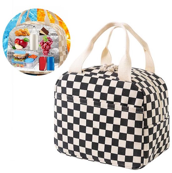 Grote Isolerende Lunchtas 26x18x21 cm - Schattige Ribfluwelen Schoudertas - Herbruikbare Uniseks Lunchtas voor Werk, Picknick en Reizen (Zwart wit Raster) van Lalaloom