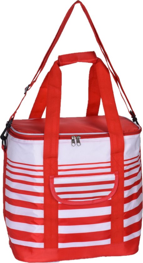 Grote koeltas draagtas schoudertas rood/wit gestreept 33 x 23 x 36 cm 24 liter - Koeltassen van SportX