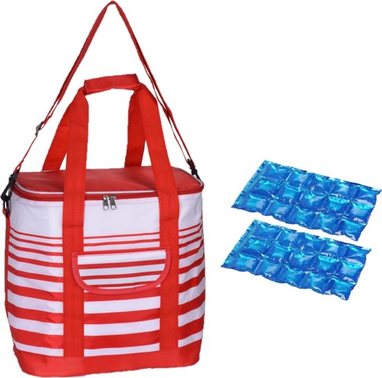 Grote koeltas draagtas schoudertas rood/wit gestreept met 2 stuks flexibele koelelementen 24 liter van SportX