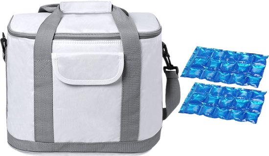 Grote koeltas draagtas/schoudertas wit met 2 stuks flexibele koelelementen 22 liter van Merkloos
