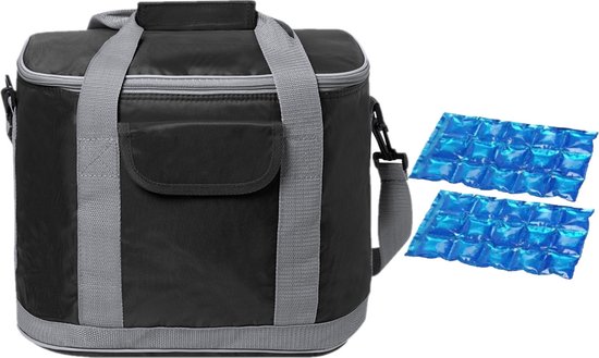Grote koeltas draagtas/schoudertas zwart met 2 stuks flexibele koelelementen 22 liter van Techno line