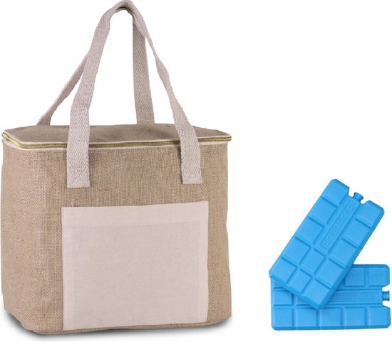 Grote koeltas jute/canvas naturel 12 liter met 4x stuks koelelementen - 28 x 25 x 17 cm - Koeltassen voor strand/reis/picknick van Benson