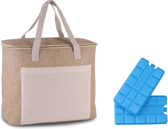 Grote koeltas jute/canvas XL naturel 20 liter met 6x stuks koelelementen - 38 x 32 x 16 cm - Koeltassen voor strand/reis/picknick van DeKriebel.com
