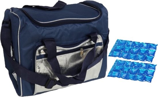 Grote koeltas schoudertas blauw/zilver met 2 stuks flexibele koelelementen 21 liter van Carrefour