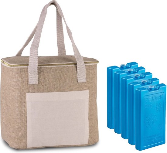 Grote strand koeltas jute/canvas 12 liter en 28 x 25 x 17 cm met 5x stuks 500 grams koelelementen blauw van Coolfit