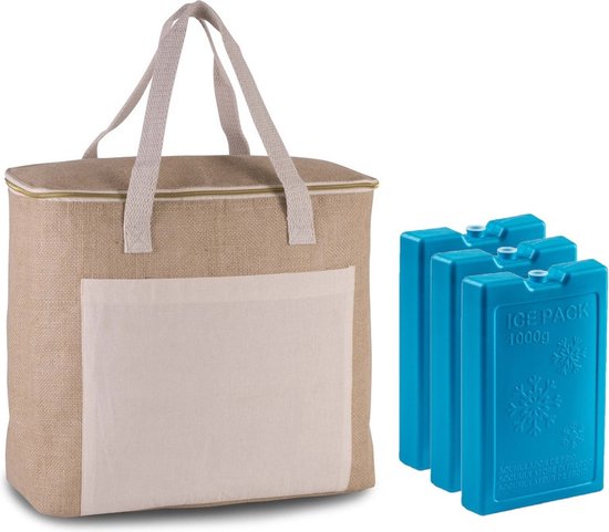 Grote strand koeltas jute/canvas 20 liter en 38 x 32 x 16 cm met 3x stuks 1000 grams koelelementen blauw van Merkloos