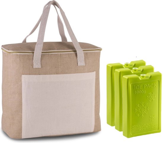 Grote strand koeltas jute/canvas 20 liter en 38 x 32 x 16 cm met 3x stuks 1000 grams koelelementen groen van SportX