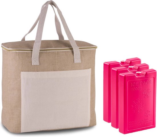 Grote strand koeltas jute/canvas 20 liter en 38 x 32 x 16 cm met 3x stuks 1000 grams koelelementen roze van SportX