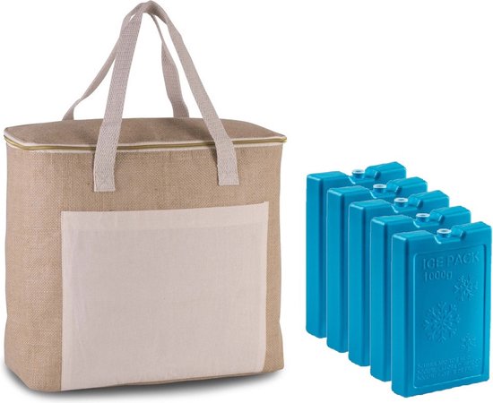Grote strand koeltas jute/canvas 20 liter en 38 x 32 x 16 cm met 5x stuks 1000 grams koelelementen blauw