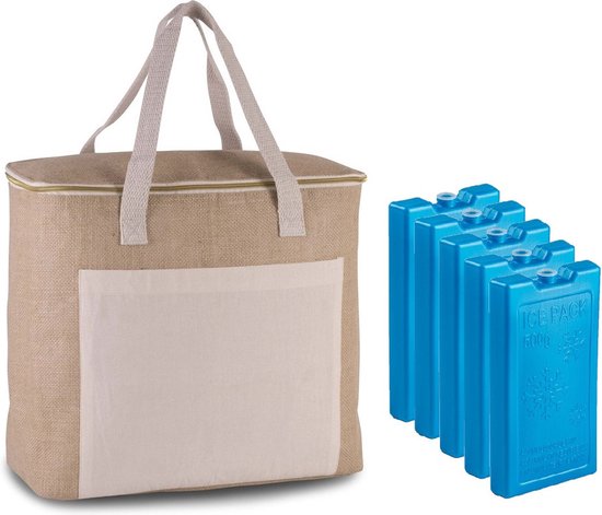 Grote strand koeltas jute/canvas 20 liter en 38 x 32 x 16 cm met 5x stuks 500 grams koelelementen blauw van Merkloos
