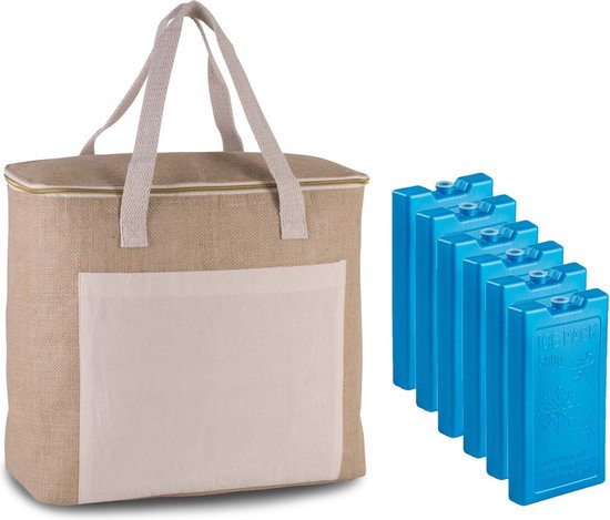 Grote strand koeltas jute/canvas 20 liter en 38 x 32 x 16 cm met 6x stuks 500 grams koelelementen blauw van Coolado