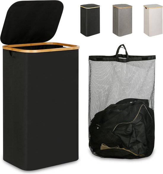 Grote Wasmand met Deksel - 110L Opvouwbare Kledingmand Organizer met Handvat en Afneembare Binnenzak - Zwart