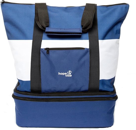 Grote XXL strandtas met ritssluiting en geïntegreerde koeltas, waterafstotende familie-picknicktas in marine-look voor vakantie, picknick en winkelen (blauw-wit), blauw-wit van Normout.