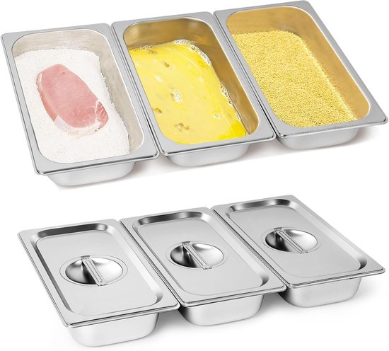 Gucass Paneerschalenset 3-delig met deksel van roestvrij staal GN 1/3 container 32,5 x 17,5 x 6,5 cm - rechthoekige metalen gastronomische containers - ideaal voor schnitzels, vlees, vis