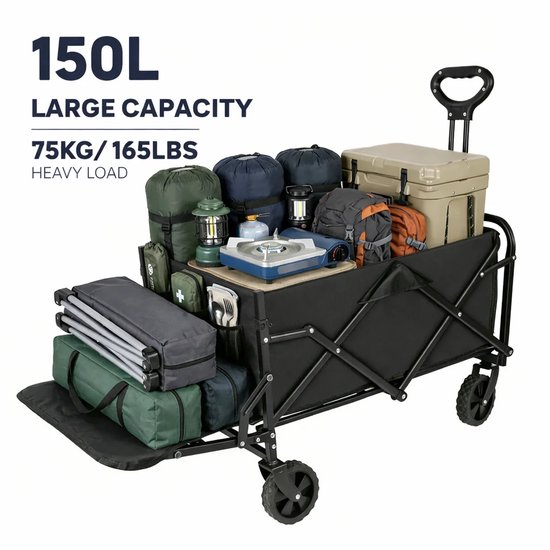 Gudalio Bolderkar - Bolderwagen - Opvouwbaar - Inklapbaar - Verstelbare hendel - 150 Liter - 75 KG Draagkracht - Compact - Zwart