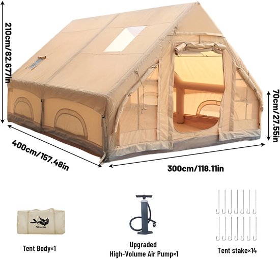 Gudalio Opblaasbare Tent - Kampeertent - Glamping Familietent - Waterdicht - Dakraam - Inc. Pomp & Opbergtas - 300x400 cm - Kaki