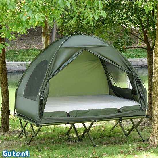 Gutent Kampeertent-set - 2-persoons - met campingbedje en luchtmatras - Groene kleur van Merkloos
