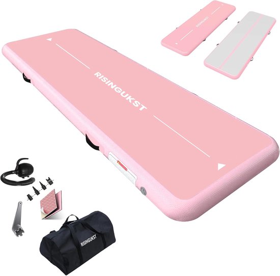 Gymnastiekmat Air Track - Opblaasbare Mat - Thuis Turnen - Inclusief Elektrische Pomp - 3 Meter Lang - Roze Wit