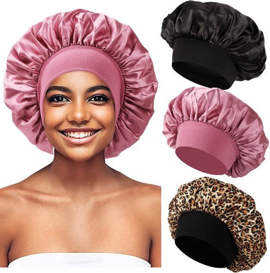 Haarkapjes van satijnzijde, geschikt om mee te slapen, voor dames en heren - 3-delige set krulkapjes met brede band (zwart, luipaardprint, roségoud) van SATINIOR
