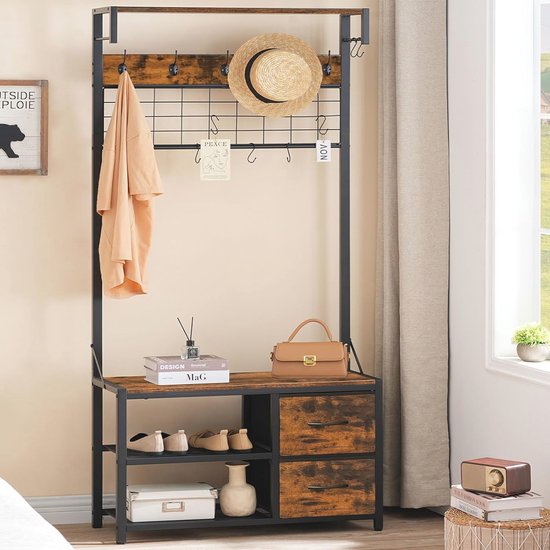 Halboom met Bank en Schoenenopslag - Rustiek Bruin en Zwart voor Entree en Hal van Vasagle