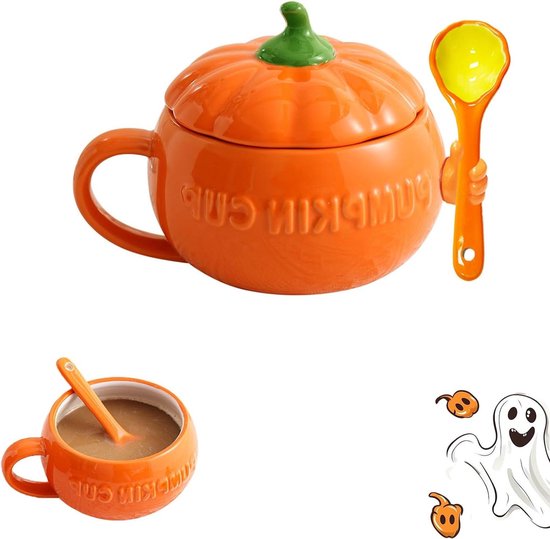 Halloweenmok 300 ml pompoenbeker voor verjaardag en feest - keramisch - herfst - lepel incl.