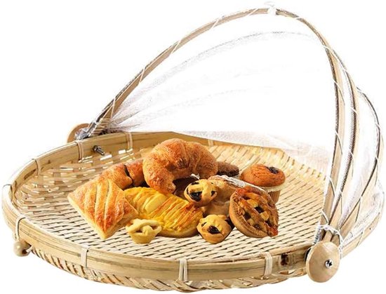 handgeweven tentafdekking, bamboe, fruitmand, eten, vliegenkap, groentemand, levensmiddelen, kap, mand met vliegenbescherming, picknickmand, serveermand, voor thuis, outdoor, picknick (S)